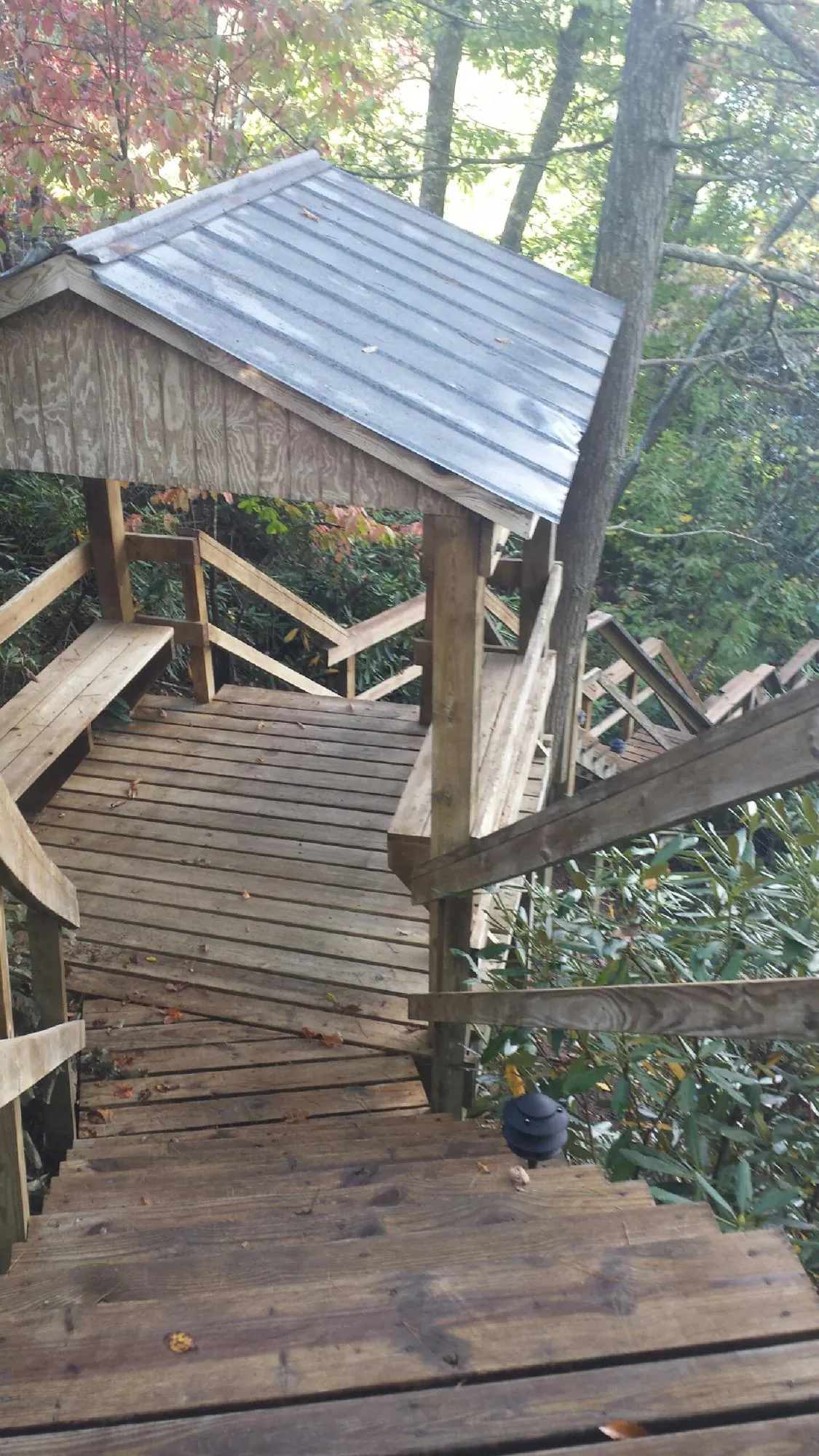 Metal roofed shelter over wooden steps on a wooded walkway — Skylight Repair & Installation work by our crew in Warrenville
